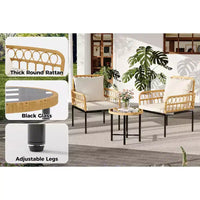 Ensemble de bistro extérieur 3 pièces, mobilier de terrasse en rotin synthétique avec table en verre trempé et 2 chaises - Style bohème
