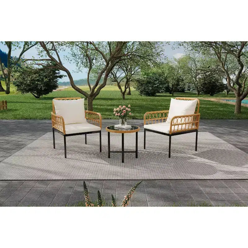 Ensemble de bistro extérieur 3 pièces, mobilier de terrasse en rotin synthétique avec table en verre trempé et 2 chaises - Style bohème