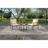 Ensemble de bistro extérieur 3 pièces, mobilier de terrasse en rotin synthétique avec table en verre trempé et 2 chaises - Style bohème