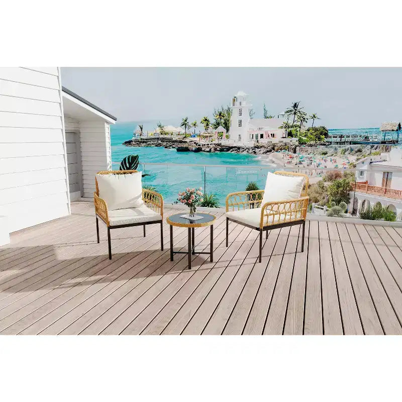 Ensemble de bistro extérieur 3 pièces, mobilier de terrasse en rotin synthétique avec table en verre trempé et 2 chaises - Style bohème