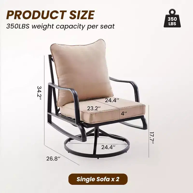 Ensemble de mobilier de patio compact 2 pièces - Chaises pivotantes et à bascule d'extérieur avec 4 coussins épais, ensemble bistro élégant en métal