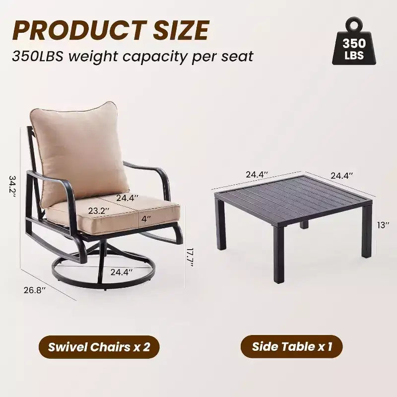 Petit ensemble de mobilier de patio 3 pièces - Ensemble bistro d'extérieur avec 2 chaises pivotantes et une petite table d'appoint, livré avec 4 coussins épais
