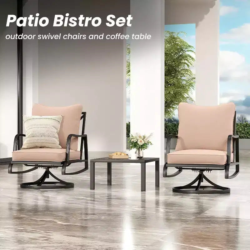 Petit ensemble de mobilier de patio 3 pièces - Ensemble bistro d'extérieur avec 2 chaises pivotantes et une petite table d'appoint, livré avec 4 coussins épais