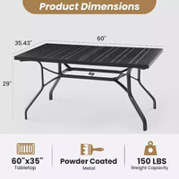 Table à manger extérieure rectangulaire durable 60x35'' avec trou pour parasol 1,57'' - mobilier métallique résistant aux intempéries pour patio, jardin, cour et bord de piscine