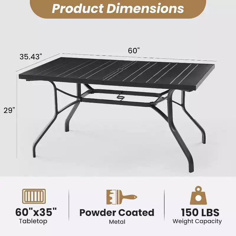 Table à manger extérieure rectangulaire durable 60x35'' avec trou pour parasol 1,57'' - mobilier métallique résistant aux intempéries pour patio, jardin, cour et bord de piscine
