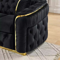 Canapé Chesterfield luxueux en velours de 229 cm avec capitonnage, accents dorés et 2 coussins - Velours italien haut de gamme 280g pour salons élégants