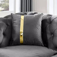 Canapé Chesterfield luxueux en velours de 229 cm avec capitonnage, accents dorés et 2 coussins - Velours italien haut de gamme 280g pour salons élégants