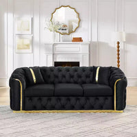 Canapé Chesterfield luxueux en velours de 229 cm avec capitonnage, accents dorés et 2 coussins - Velours italien haut de gamme 280g pour salons élégants