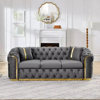 Canapé Chesterfield luxueux en velours de 229 cm avec capitonnage, accents dorés et 2 coussins - Velours italien haut de gamme 280g pour salons élégants