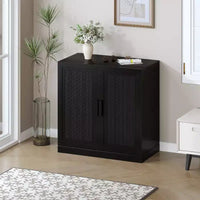 1 Piece Black Wood Grain Storage Cabinet (Wicker Door), Decorative Storage Cabinet