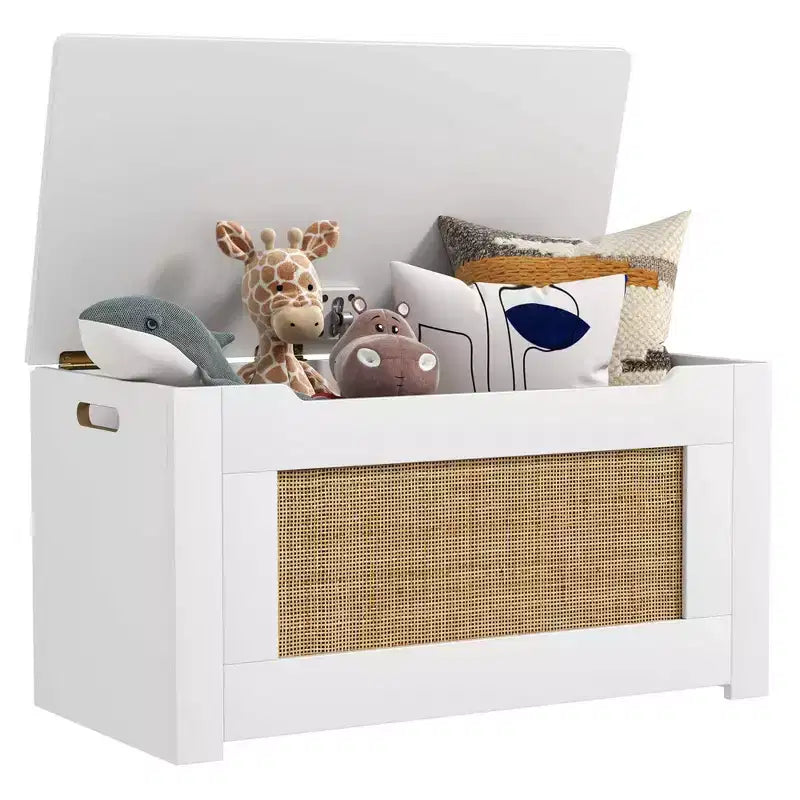 Costway Coffre à jouets 31,5 pour enfants, boîte de rangement de jouets en résine tressée avec couvercle rabattable et charnière de sécurité