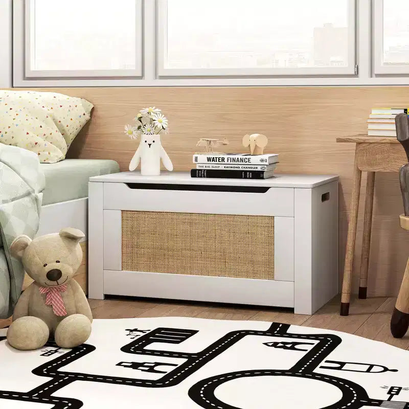 Costway Coffre à jouets 31,5 pour enfants, boîte de rangement de jouets en résine tressée avec couvercle rabattable et charnière de sécurité