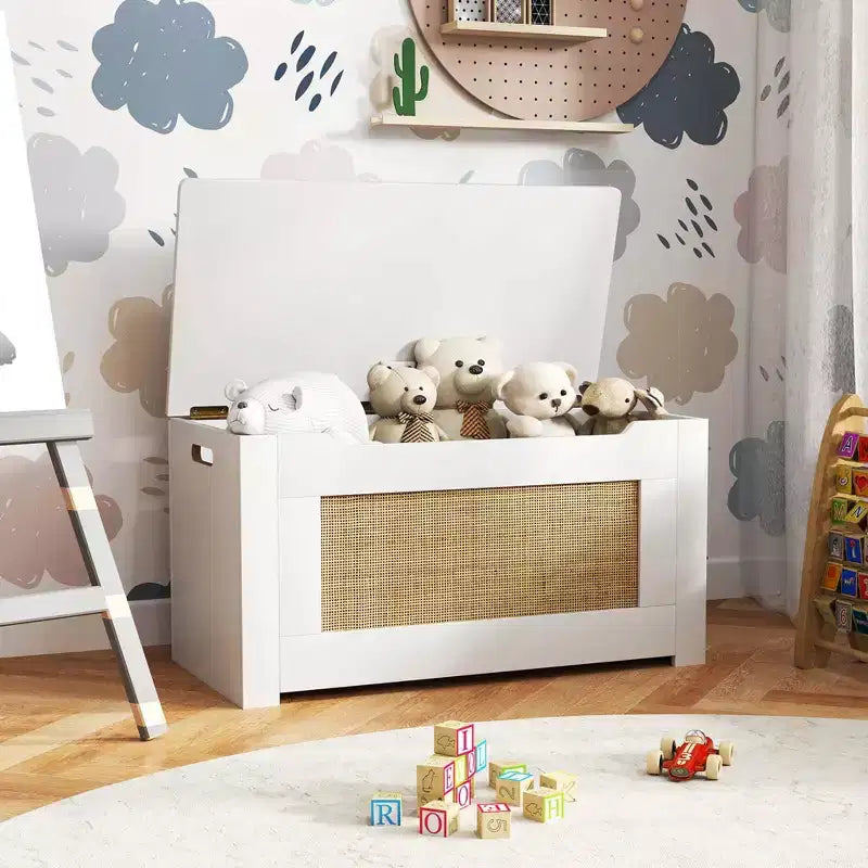 Costway Coffre à jouets 31,5 pour enfants, boîte de rangement de jouets en résine tressée avec couvercle rabattable et charnière de sécurité
