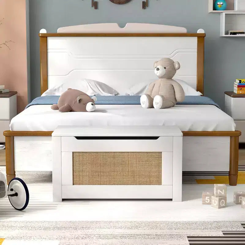 Costway Coffre à jouets 80 cm pour enfants, panier de rangement en rotin avec couvercle à charnière de sécurité