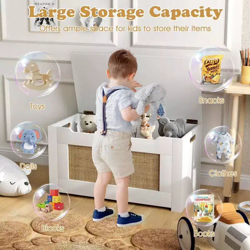 Costway Coffre à jouets 80 cm pour enfants, panier de rangement en rotin avec couvercle à charnière de sécurité