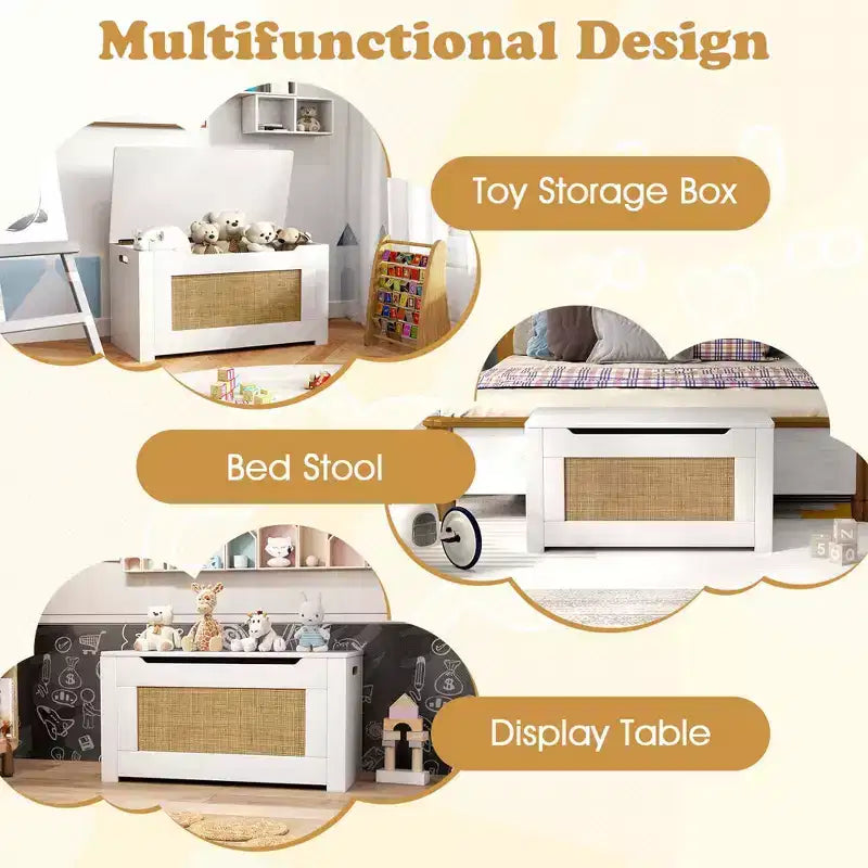 Costway Coffre à jouets 31,5 pour enfants, boîte de rangement de jouets en résine tressée avec couvercle rabattable et charnière de sécurité