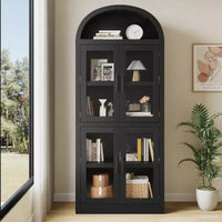 Bibliothèque arquée haute en bois 71.4 po avec portes, bibliothèques arrondies style farmhouse pour salon, cuisine, bureau (noir)