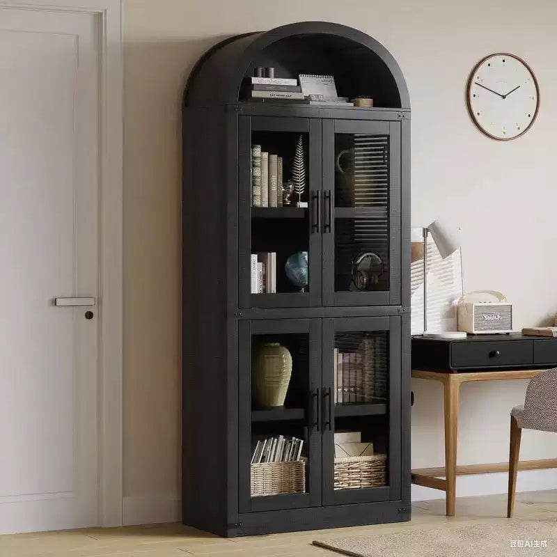 Bibliothèque arquée haute en bois 71.4 po avec portes, bibliothèques arrondies style farmhouse pour salon, cuisine, bureau (noir)
