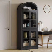 Bibliothèque arquée haute en bois 71.4 po avec portes, bibliothèques arrondies style farmhouse pour salon, cuisine, bureau (noir)