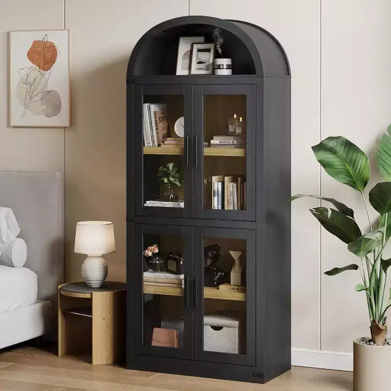 Bibliothèque arquée haute en bois 71.4 po avec portes, bibliothèques arrondies style farmhouse pour salon, cuisine, bureau (noir)