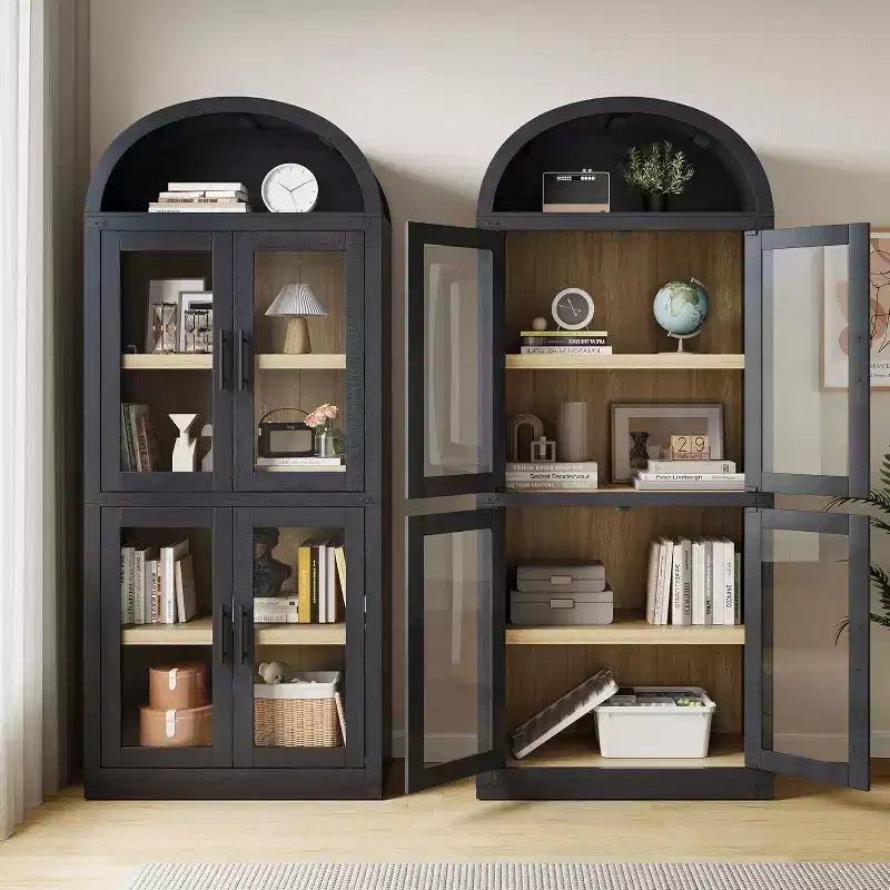 Bibliothèque arquée haute en bois 71.4 po avec portes, bibliothèques arrondies style farmhouse pour salon, cuisine, bureau (noir)