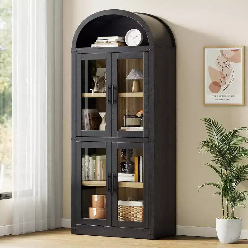 Bibliothèque arquée haute en bois 71.4 po avec portes, bibliothèques arrondies style farmhouse pour salon, cuisine, bureau (noir)