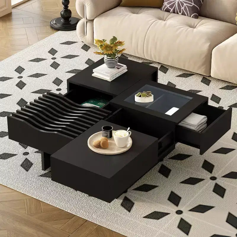 Table basse carrée avec plateau en verre trempé et vague et 3 tiroirs Table d'appoint de canapé en bois Table basse moderne, Noir/Marron-ModernLuxe
