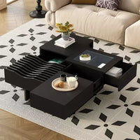 Table basse carrée avec plateau en verre trempé et vague et 3 tiroirs Table d'appoint de canapé en bois Table basse moderne, Noir/Marron-ModernLuxe