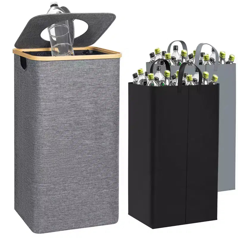 Panier à linge gris Hausource 100L et bac de recyclage avec couvercle, 2 doublures, pliable, étanche
