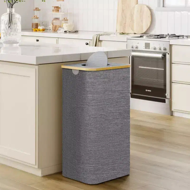 Panier à linge gris Hausource 100L et bac de recyclage avec couvercle, 2 doublures, pliable, étanche