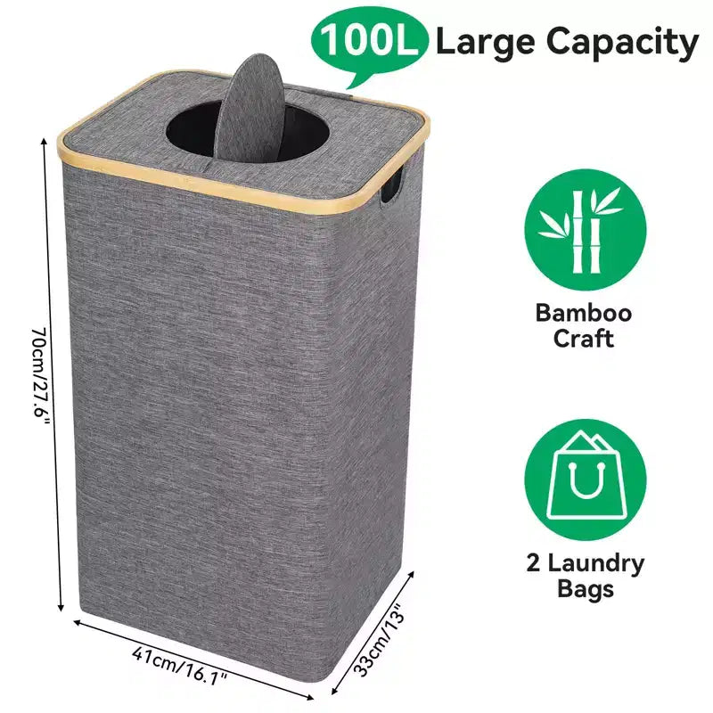 Panier à linge gris Hausource 100L et bac de recyclage avec couvercle, 2 doublures, pliable, étanche
