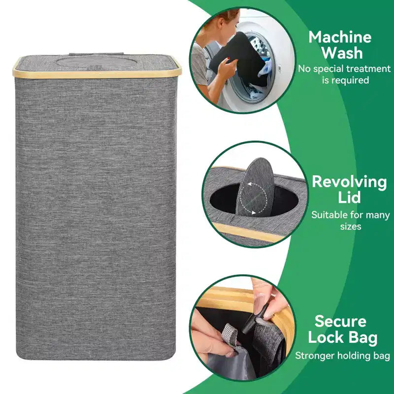 Panier à linge gris Hausource 100L et bac de recyclage avec couvercle, 2 doublures, pliable, étanche