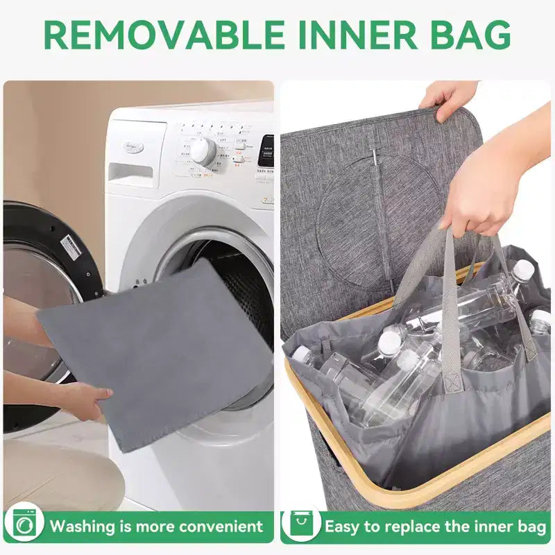 Panier à linge gris Hausource 100L et bac de recyclage avec couvercle, 2 doublures, pliable, étanche