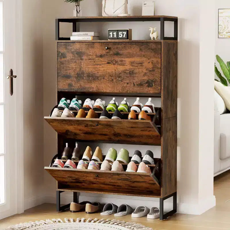 GARPROVM Meuble à chaussures en bois de style mi-siècle avec 3 portes basculantes et étagères amovibles, rangement pour chaussures d'entrée