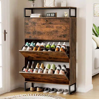 GARPROVM Meuble à chaussures en bois de style mi-siècle avec 3 portes basculantes et étagères amovibles, rangement pour chaussures d'entrée