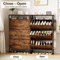 GARPROVM Meuble à chaussures en bois de style mi-siècle avec 3 portes basculantes et étagères amovibles, rangement pour chaussures d'entrée