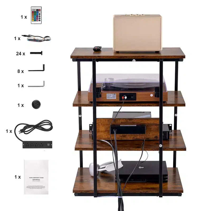Meuble multimédia AV VEVOR 4 niveaux avec multiprises, meuble TV d'angle avec lumières LED, étagères en bois réglables en hauteur pour lecteurs DVD, brun