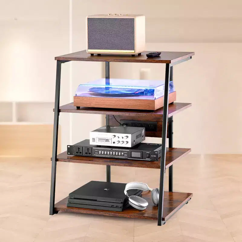 Meuble multimédia AV VEVOR 4 niveaux avec multiprises, meuble TV d'angle avec lumières LED, étagères en bois réglables en hauteur pour lecteurs DVD, brun