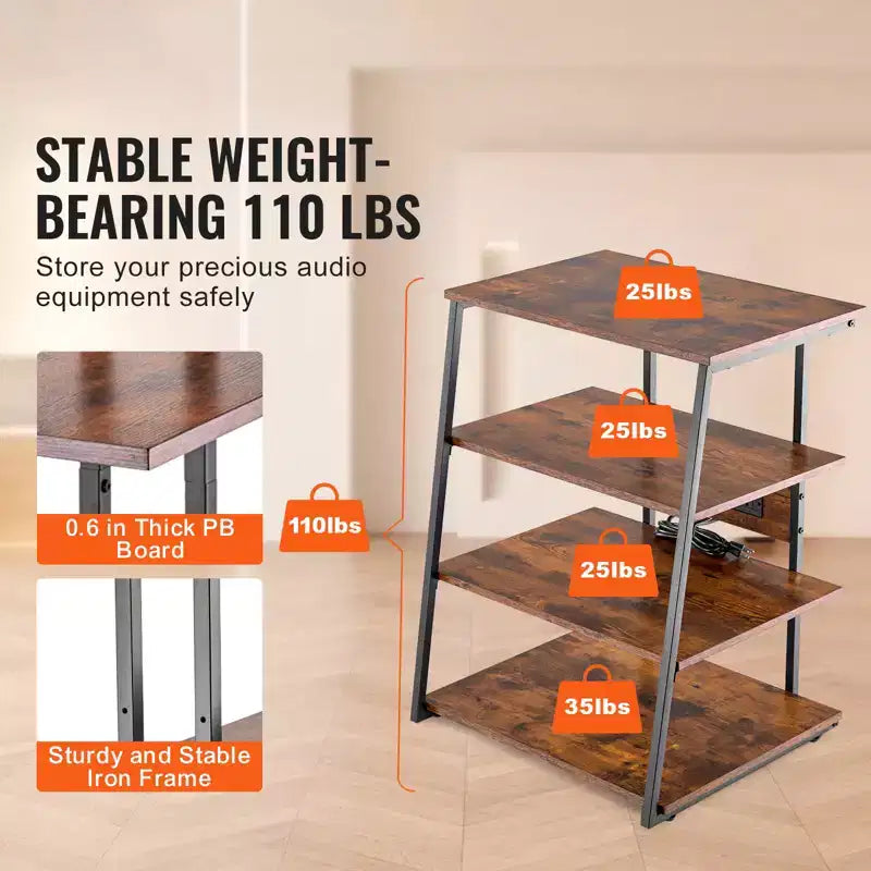 Meuble multimédia AV VEVOR 4 niveaux avec multiprises, meuble TV d'angle avec lumières LED, étagères en bois réglables en hauteur pour lecteurs DVD, brun