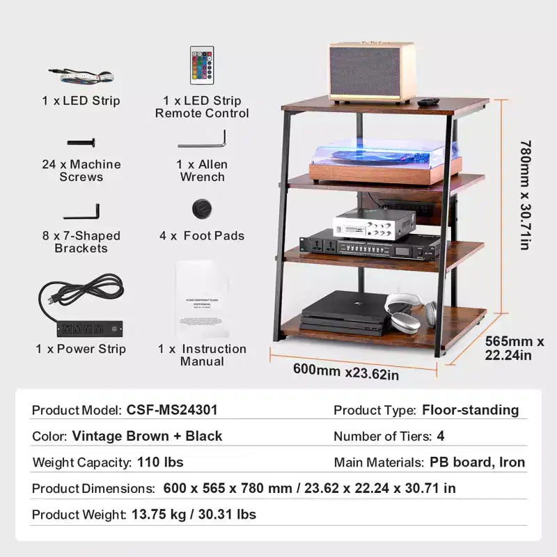 Meuble multimédia AV VEVOR 4 niveaux avec multiprises, meuble TV d'angle avec lumières LED, étagères en bois réglables en hauteur pour lecteurs DVD, brun