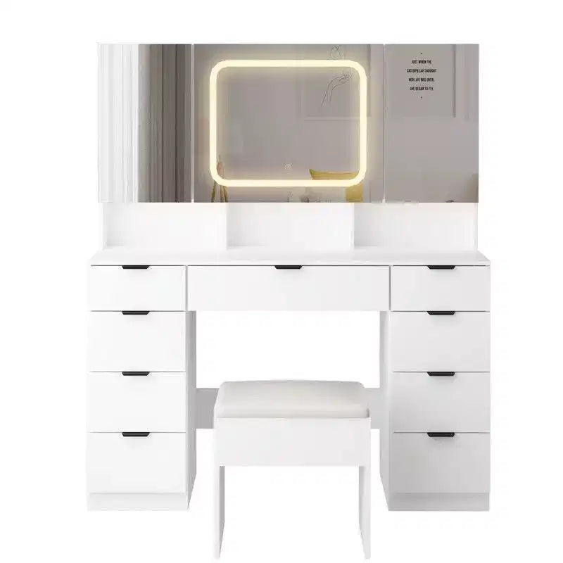 Karl Home | Grande coiffeuse avec 3 miroirs ouvrants et lumières LED