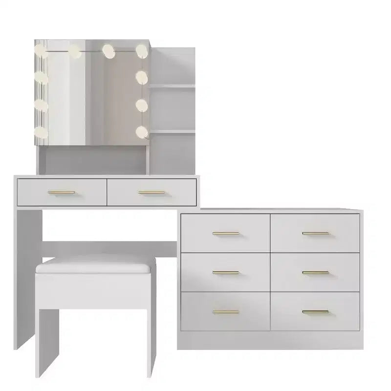 Karl Home | Grande coiffeuse avec miroir lumineux, tiroirs et rangement