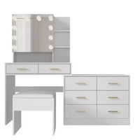 Karl Home | Grande coiffeuse avec miroir lumineux, tiroirs et rangement