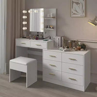 Karl Home | Grande coiffeuse avec miroir lumineux, tiroirs et rangement