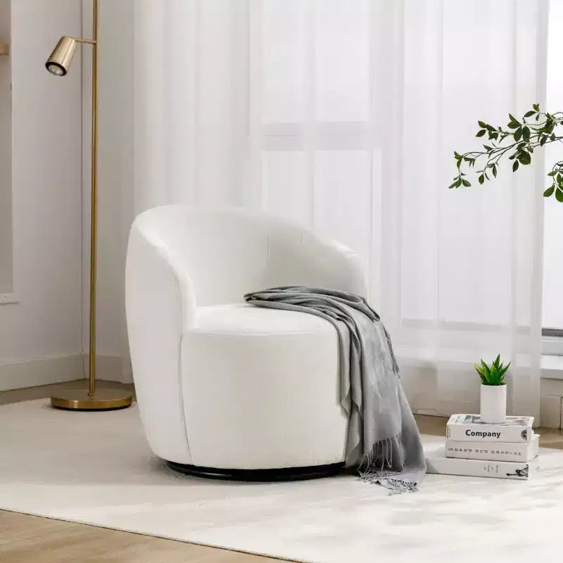 Fauteuil tonneau pivotant d'appoint en tissu chenille avec anneau métallique à revêtement poudré noir, ivoire