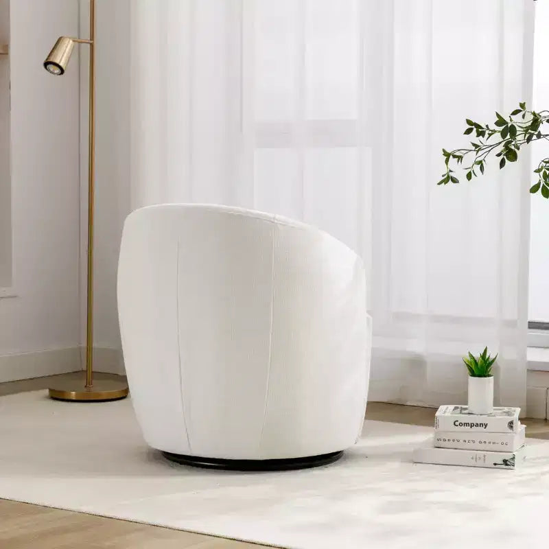 Fauteuil tonneau pivotant d'appoint en tissu chenille avec anneau métallique à revêtement poudré noir, ivoire