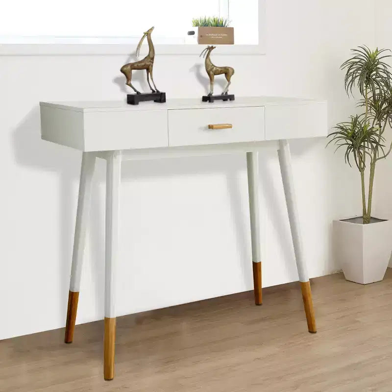 eHemco table console sofa Euro avec tiroir et pieds en bambou pour couloir et salon, blanc et chêne foncé