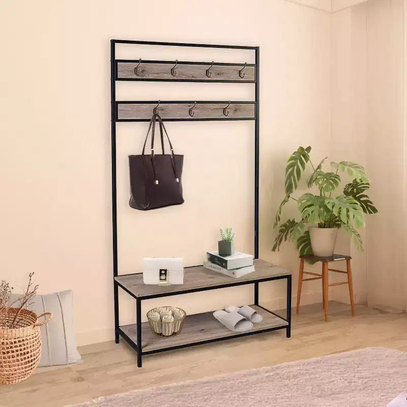 eHemco Vestiaire et portemanteau d'entrée en métal et bois pour salon et couloir, avec banc de rangement et 7 crochets
