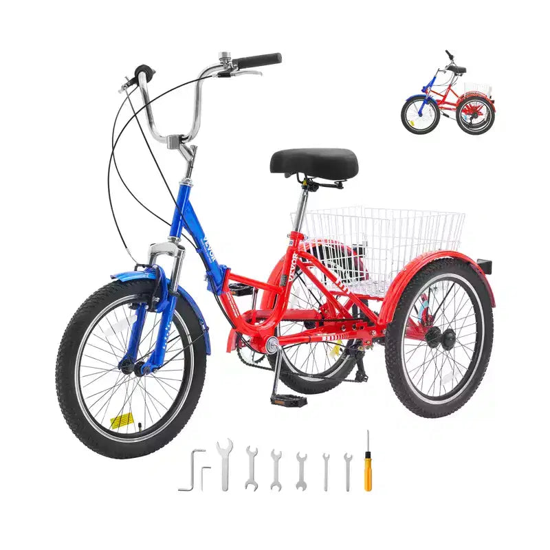 VEVOR Tricycle pliant adulte, 20 pouces 7 vitesses, en acier au carbone, vélo cruiser à 3 roues avec grand panier et siège réglable