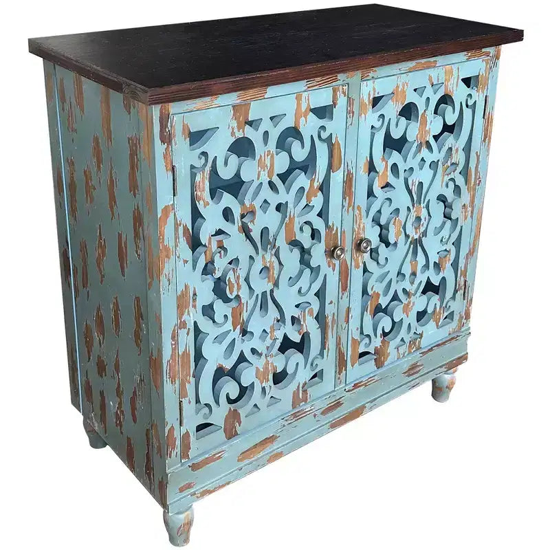 eHemco meuble d'appoint rustique vieilli à 2 portes avec double étagère de rangement pour salon et entrée, sarcelle